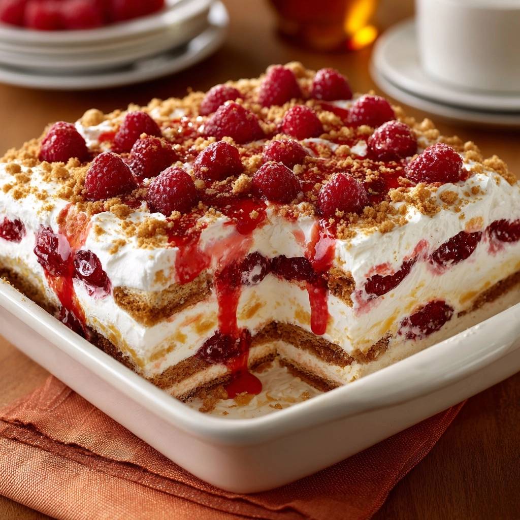 Himbeer Sahne Schichtdessert Querschnitt Nahaufnahme 1 Himbeer-Sahne-Schichtdessert in Nahaufnahme mit angeschnittenem Querschnitt, der die cremigen Schichten und frischen Himbeeren zeigt.