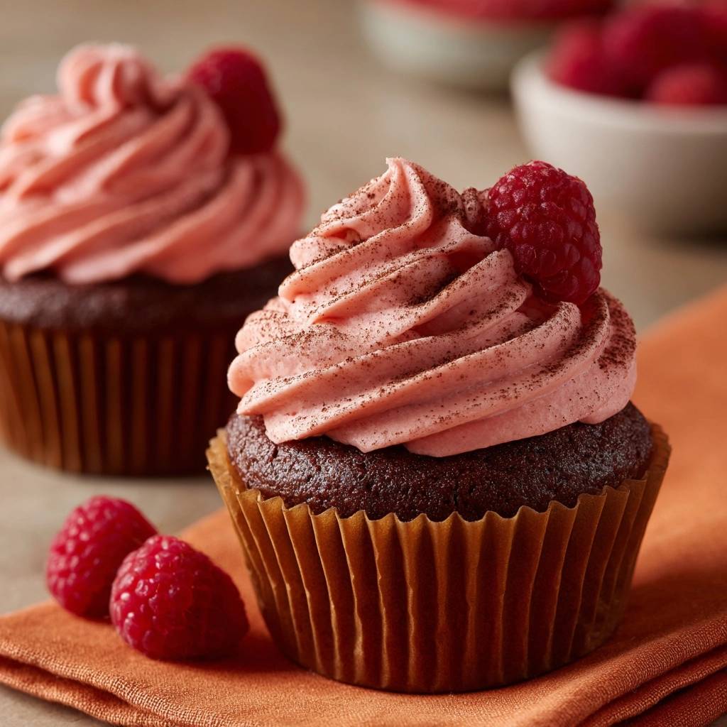 Himbeer Schoko Cupcakes Nahaufnahme Garniert 1 Himbeer-Schoko-Cupcakes in Nahaufnahme, garniert mit Himbeeren und rosa Cremehaube, perfekt für Genießer.