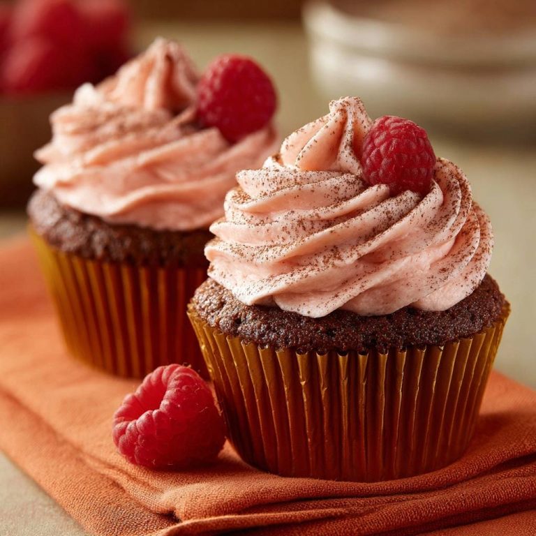 Himbeer-Schoko-Cupcakes in Nahaufnahme, garniert mit Himbeeren und einem Hauch Kakao, serviert auf einem orangefarbenen Tuch.