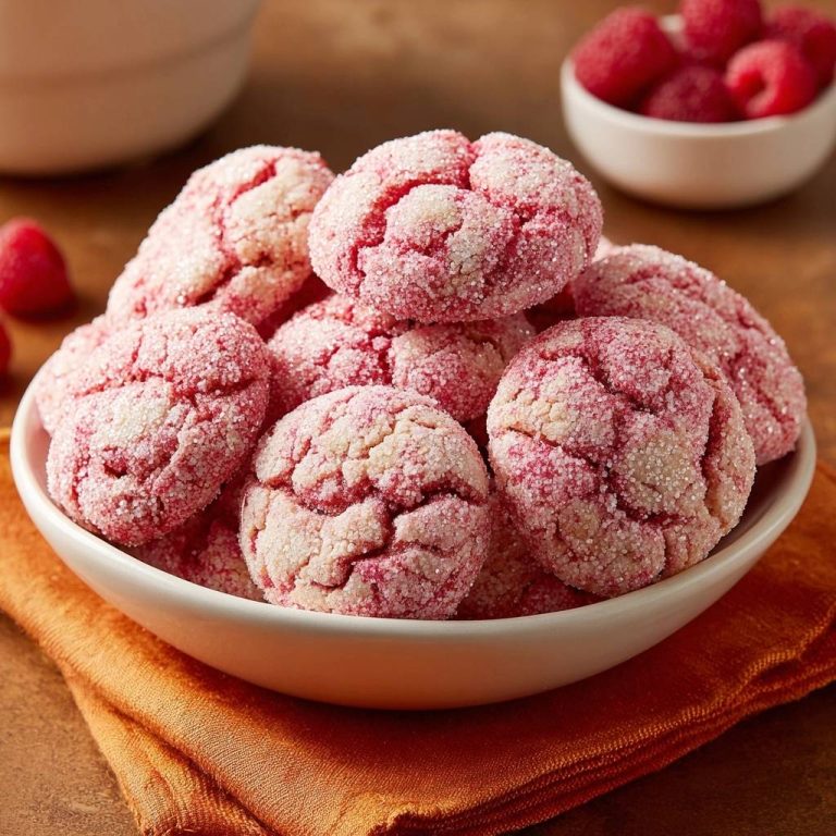 Himbeer-Zitronen-Crinkle-Cookies in Nahaufnahme, übersät mit funkelndem Zucker, in einer weißen Schale serviert, umgeben von frischen Himbeeren.