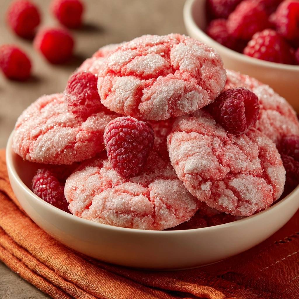 Himbeer Zitronen Crinkle Cookies Nahaufnahme Mit Himbeeren 1 Himbeer-Zitronen-Crinkle-Cookies in Nahaufnahme, garniert mit frischen Himbeeren, die in einer Schüssel serviert werden.