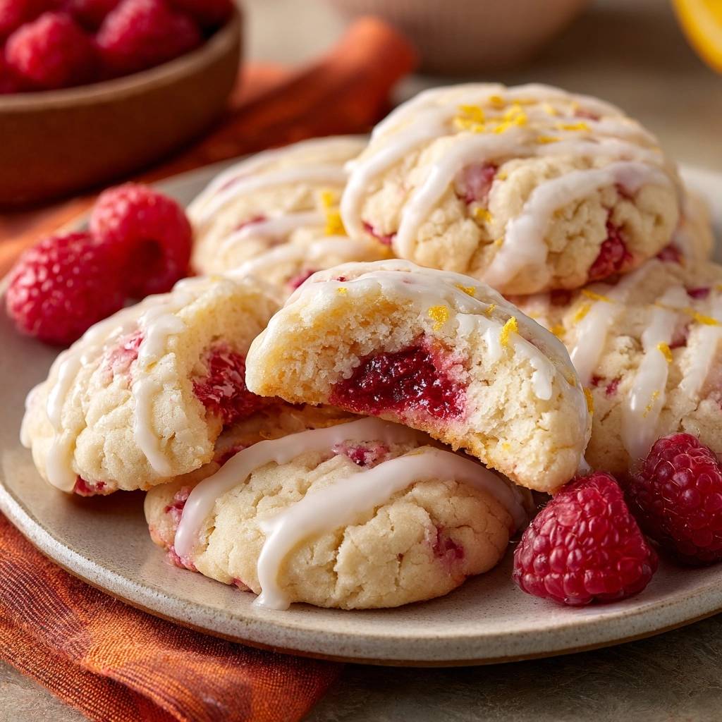Himbeer-Zitronen-Thumbprint-Cookies zeigen einen köstlichen Querschnitt, der die fruchtige Himbeerkonfitüre im Inneren offenbart.