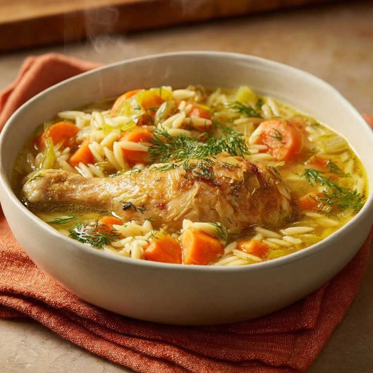 Hühner-Orzo-Suppe mit Dill und Gemüse, serviert in einer cremefarbenen Schüssel, mit einer knusprigen Hähnchenkeule und frischem Dill.