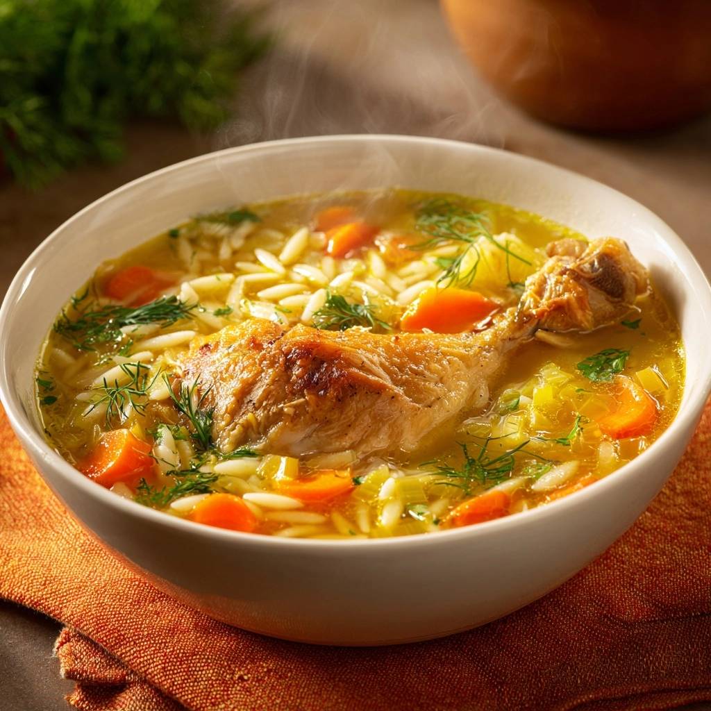 Huehner Orzo Suppe Mit Gemuese Nahaufnahme 1 Hühner-Orzo-Suppe mit Dill und Gemüse in einer Nahaufnahme, die die dampfende Suppe mit Hühnchenschenkel, Nudeln und Karotten zeigt.