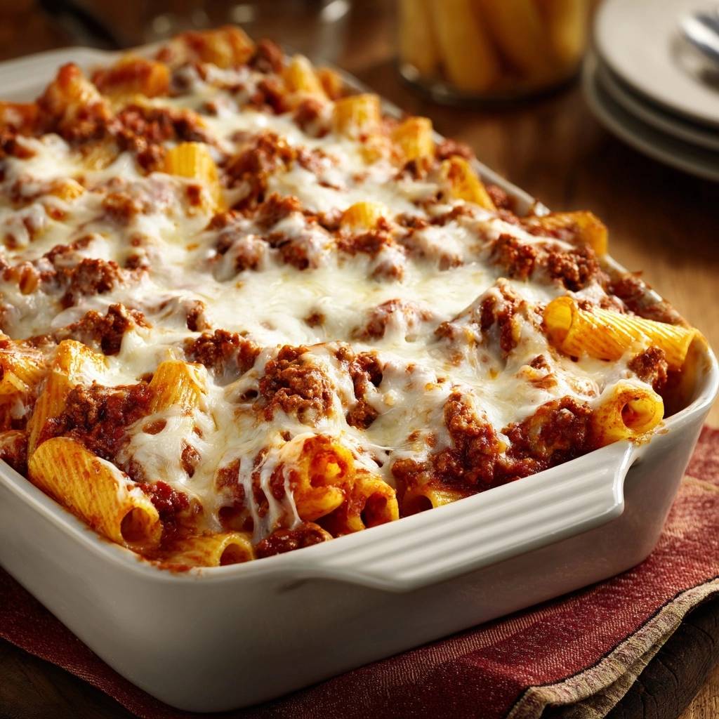 Kaasiges Rigatoni Hack Auflauf Draufsicht 1 Käsiges Rigatoni-Hack-Auflauf in einer Auflaufform, mit geschmolzenem Käse bedeckt, von oben fotografiert. Der Auflauf ist frisch gebacken und dampfend.