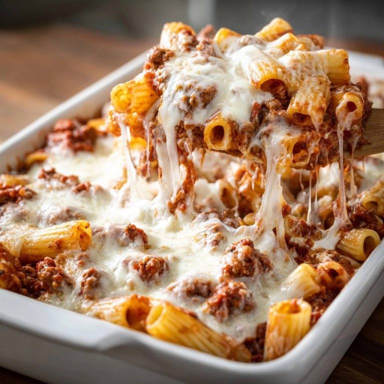 Käsiges Rigatoni-Hack-Auflauf mit geschmolzenem Käse, der sich von einer Gabel zieht und die Textur des Gerichts zeigt.