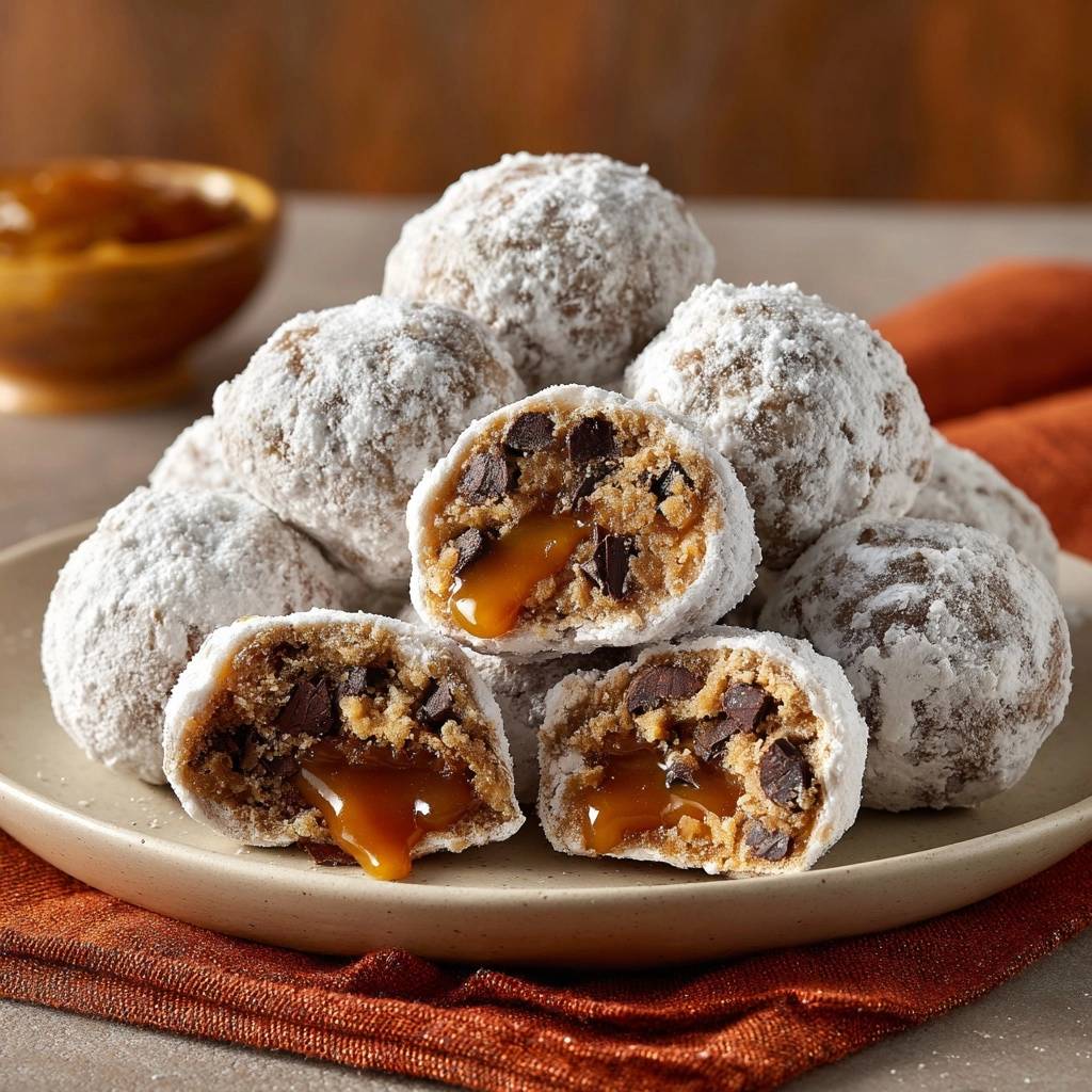 Karamell Schoko Schneeballchen Querschnitt 1 Karamell-Schoko-Schneebällchen zeigen einen verführerischen Querschnitt mit flüssigem Karamell und Schokoladenstückchen. Diese süßen Kugeln sind innen saftig und außen pudrig.