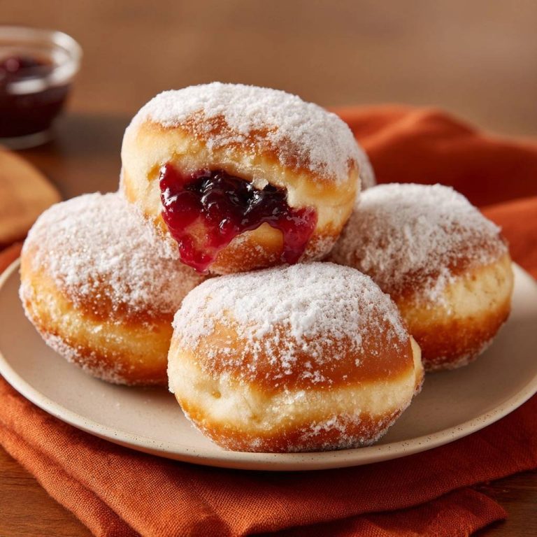 Klassische Berliner Pfannkuchen mit einem köstlichen Querschnitt, der die fruchtige Füllung der frisch gebackenen Berliner zeigt.