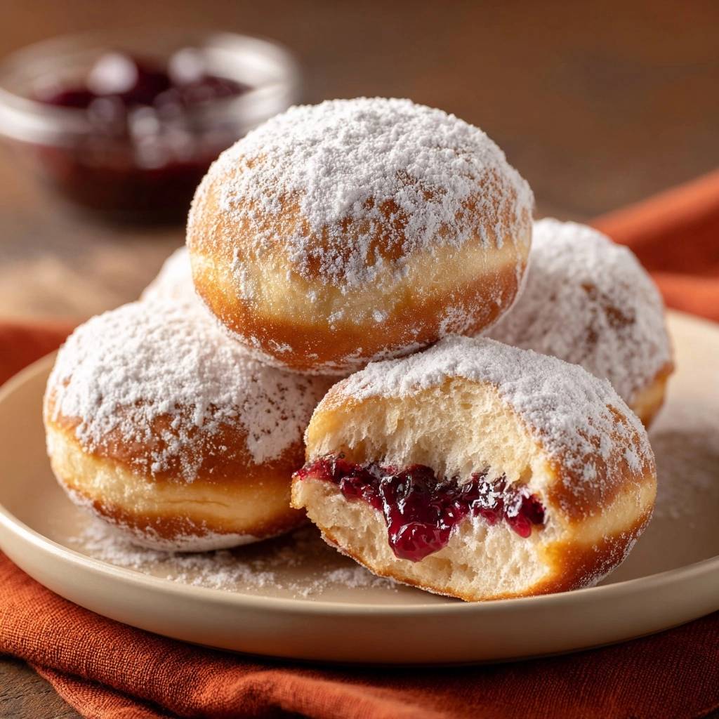 Klassische Berliner Pfannkuchen Querschnitt Nahaufnahme 1 Klassische Berliner Pfannkuchen mit einem köstlichen, fruchtigen Kern, in Nahaufnahme und mit Puderzucker bestäubt, serviert auf einem Teller.