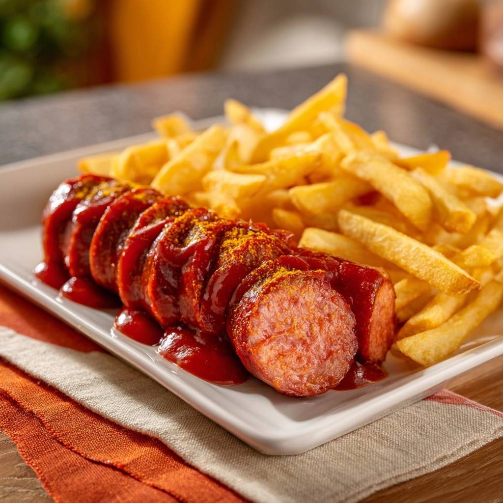 Klassische Currywurst Mit Pommes Serviert 1 Klassische Currywurst mit Pommes serviert auf einem weißen Teller. Die Wurst ist in Scheiben geschnitten und mit Curry-Ketchup bedeckt, dazu Pommes frites.