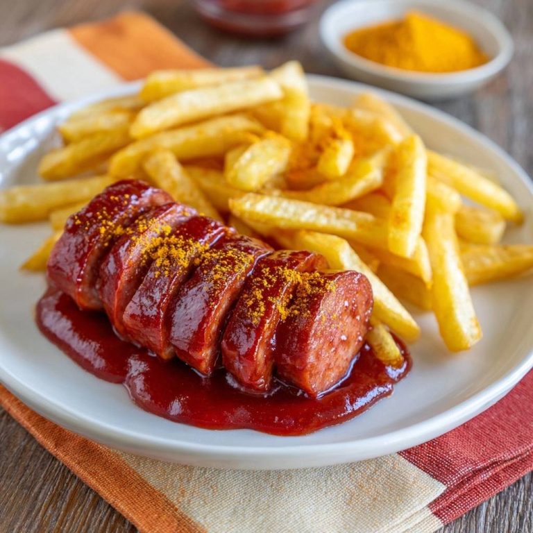 Klassische Currywurst mit Pommes serviert auf einem weißen Teller. Die Wurst ist in Scheiben geschnitten und mit Curry bestreut, dazu Pommes Frites.