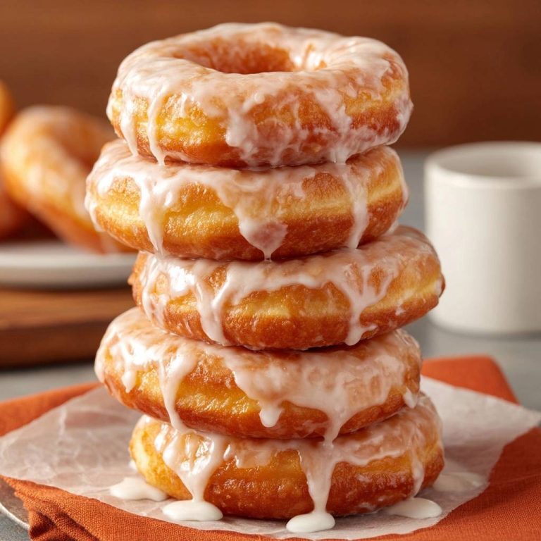 Klassische glasierte Donuts in einem verlockenden Stapel mit tropfender Glasur, perfekt für den Genuss. Ein süßer Leckerbissen!