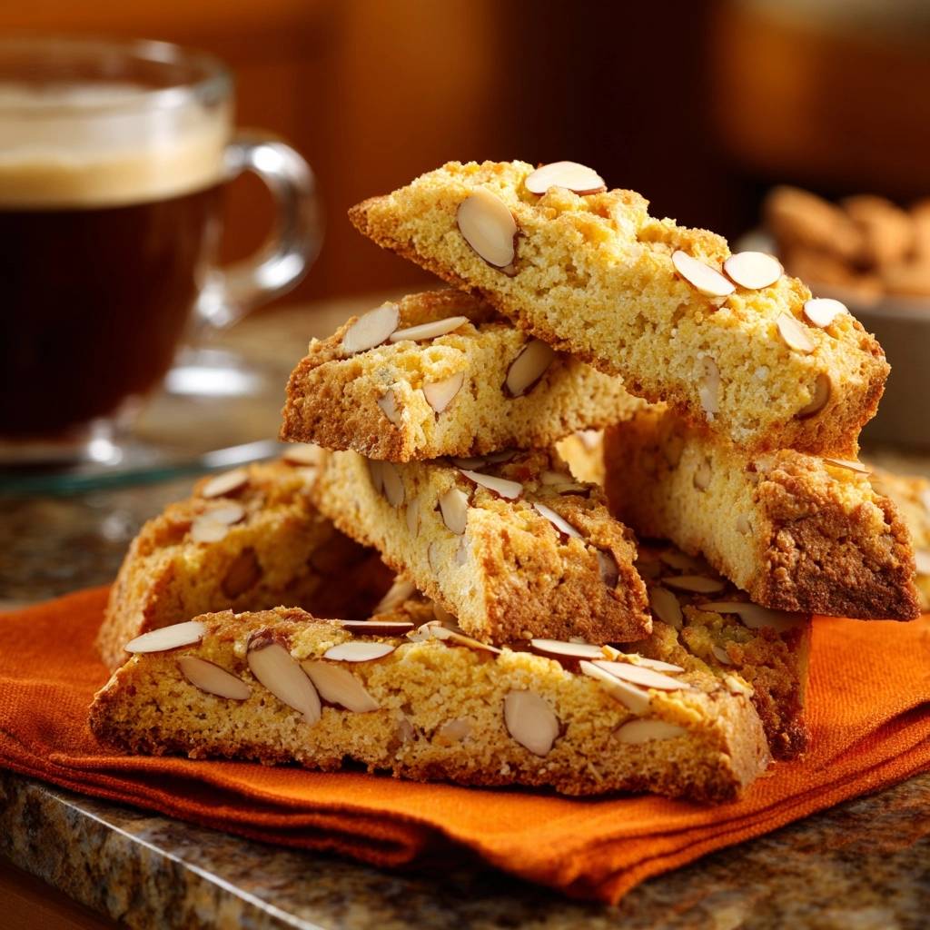 Klassische Mandel Cantuccini Gestapelt 1 Klassische Mandel-Cantuccini in einem rustikalen Stapel präsentiert, mit Mandelsplittern garniert. Die knusprigen Kekse liegen auf einem orangefarbenen Stoff.