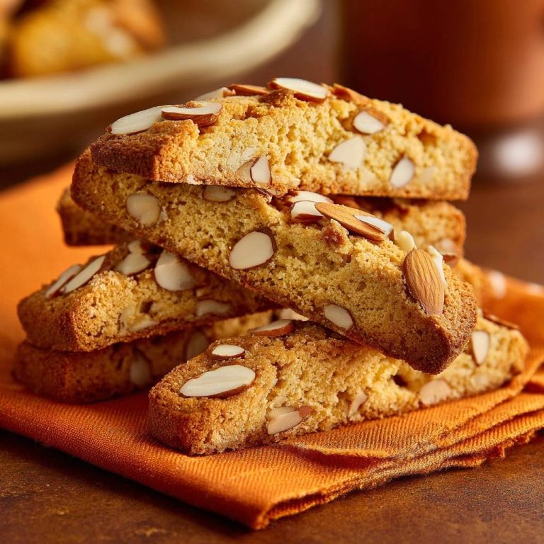 Klassische Mandel-Cantuccini in einem Stapel, garniert mit Mandelsplittern, präsentiert auf einem orangefarbenen Stofftuch.