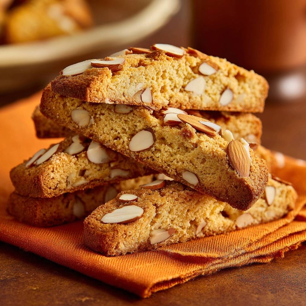 Klassische Mandel-Cantuccini in einem Stapel, garniert mit Mandelsplittern, präsentiert auf einem orangefarbenen Stofftuch.
