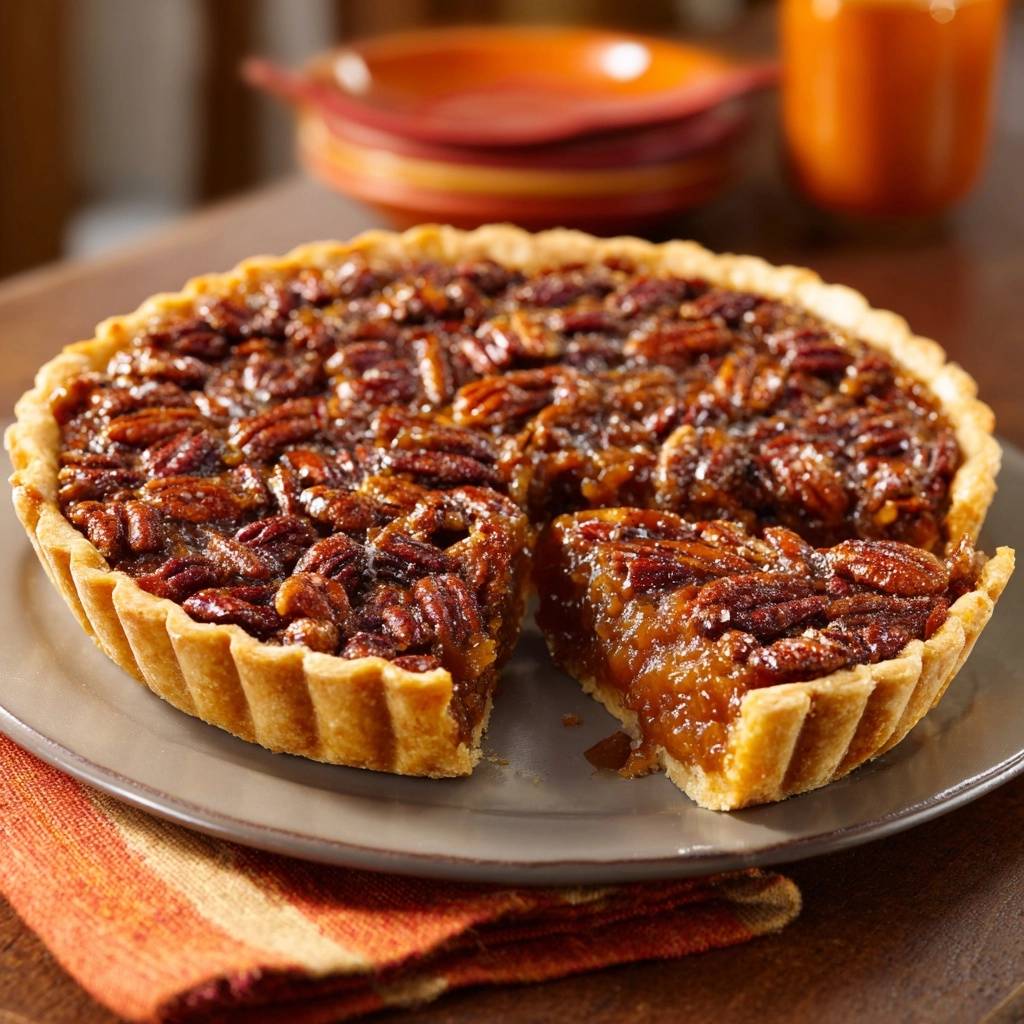 Klassische Pekannuss Tarte Querschnitt Nahaufnahme 1 Klassische Pekannuss-Tarte in Nahaufnahme, mit einem herausgeschnittenen Stück, das die goldbraune Kruste und die klebrige Füllung zeigt.