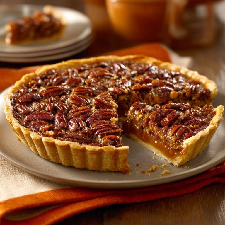 Klassische Pekannuss-Tarte mit Anschnitt, serviert auf einem Teller. Die Tarte zeigt eine köstliche Füllung aus Pekannüssen und einen knusprigen Teigboden.