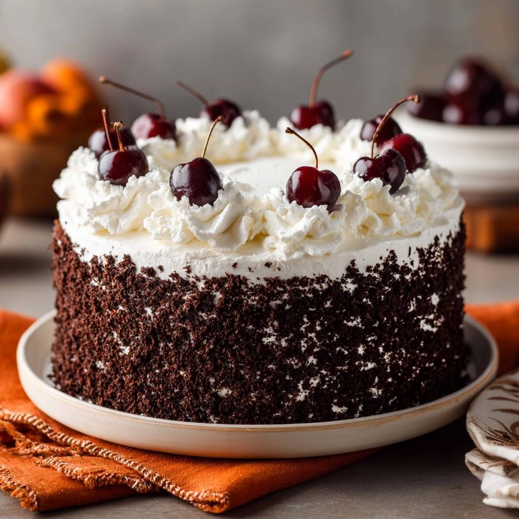 Klassische Schwarzwaelder Kirschtorte Nahaufnahme 1 Klassische Schwarzwälder Kirschtorte mit frischen Kirschen, Nahaufnahme der cremigen Sahnehaube und Schokoladenraspeln. Ein traditioneller Kuchen, wunderschön garniert.