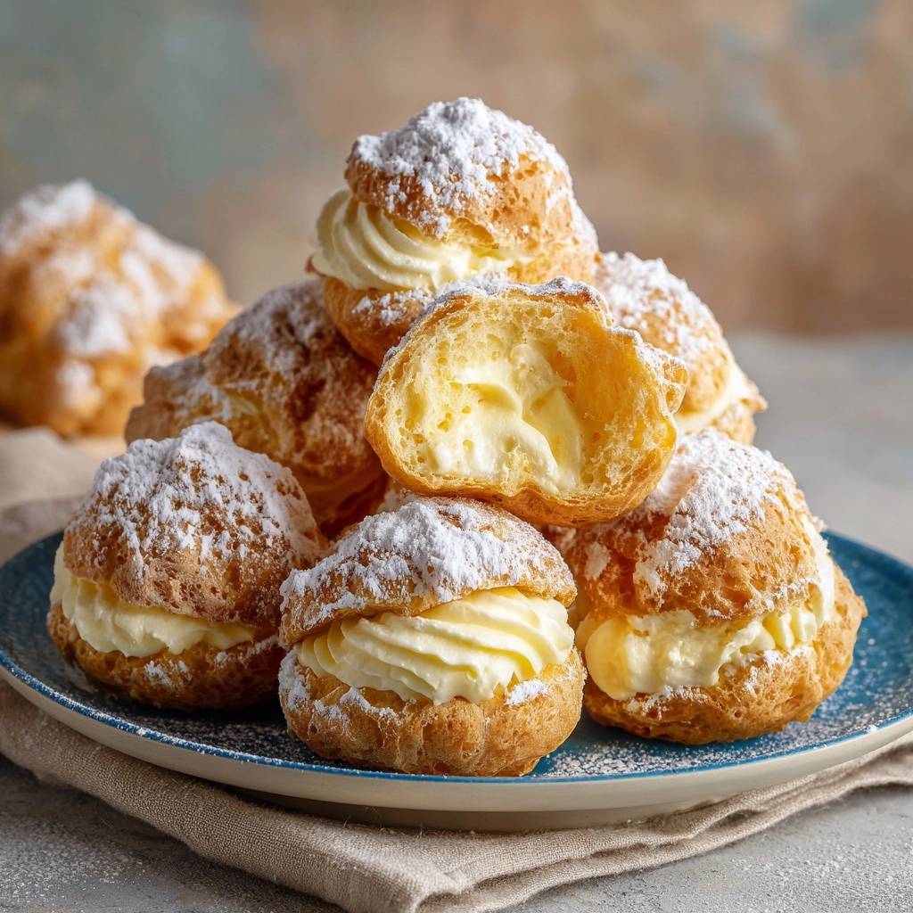 Klassische Windbeutel Querschnitt Vanillecreme 1 Klassische Windbeutel mit feiner Vanille-Diplomatencreme, präsentiert mit einem Anschnitt, der die cremige Füllung zeigt.