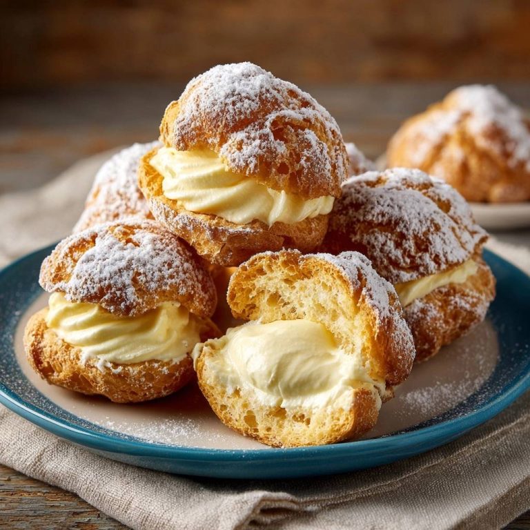 Klassische Windbeutel mit feiner Vanille-Diplomatencreme, angeschnitten, zeigen eine üppige Füllung aus cremiger Vanillecreme.