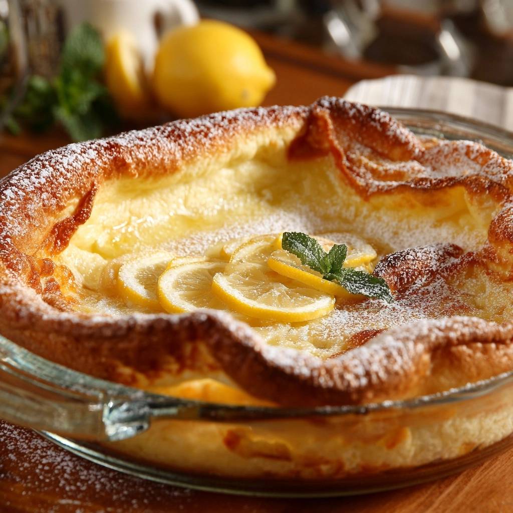 Klassischer Dutch Baby Pfannkuchen Mit Zitronen Garniert 1 Klassischer Dutch Baby Pfannkuchen, garniert mit frischen Zitronenscheiben und Minze, in einer Glasform serviert, frisch aus dem Ofen.