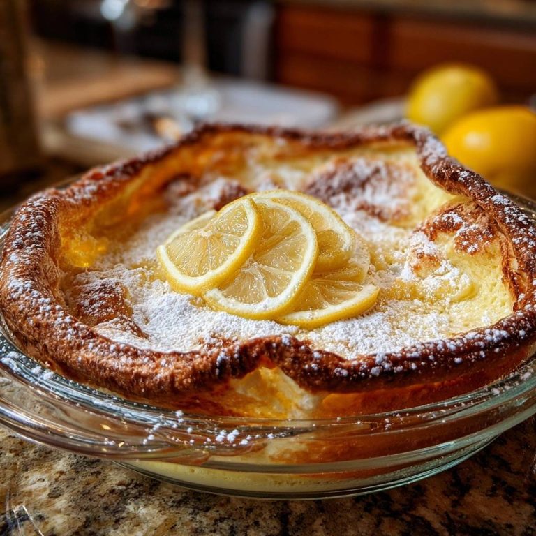 Klassischer Dutch Baby Pfannkuchen, garniert mit Zitronenscheiben und Puderzucker, präsentiert in einer Glasform und auf einer Granit-Oberfläche.