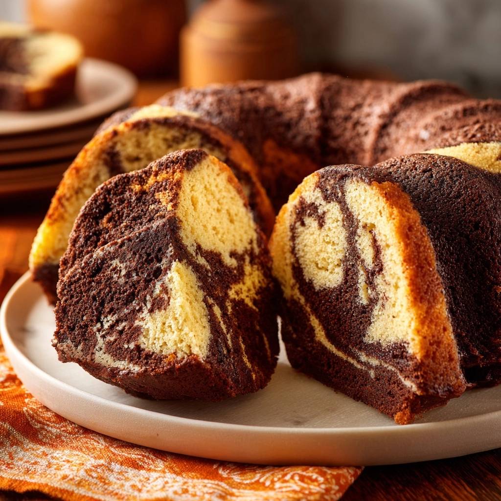 Klassischer Marmorkuchen Querschnitt Nahaufnahme 1 Klassischer Marmorkuchen zeigt eine Nahaufnahme des angeschnittenen Kuchens mit dem schönen Marmormuster im Inneren.
