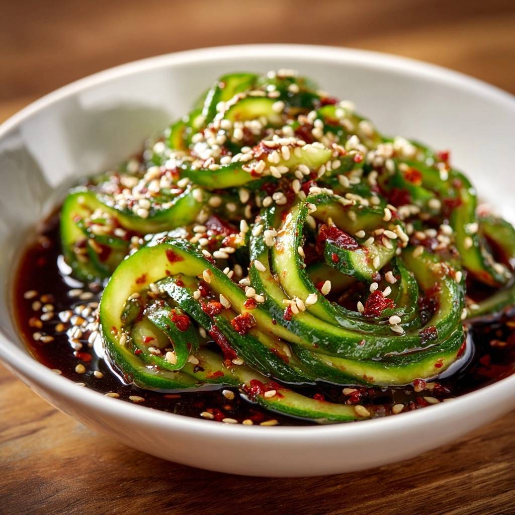 Knackiger Chili Gurken Salat Draufsicht Serviert 1 Knackiger Chili-Gurken-Salat in einer Schale serviert, garniert mit Sesam und Chili-Flocken, von oben fotografiert.