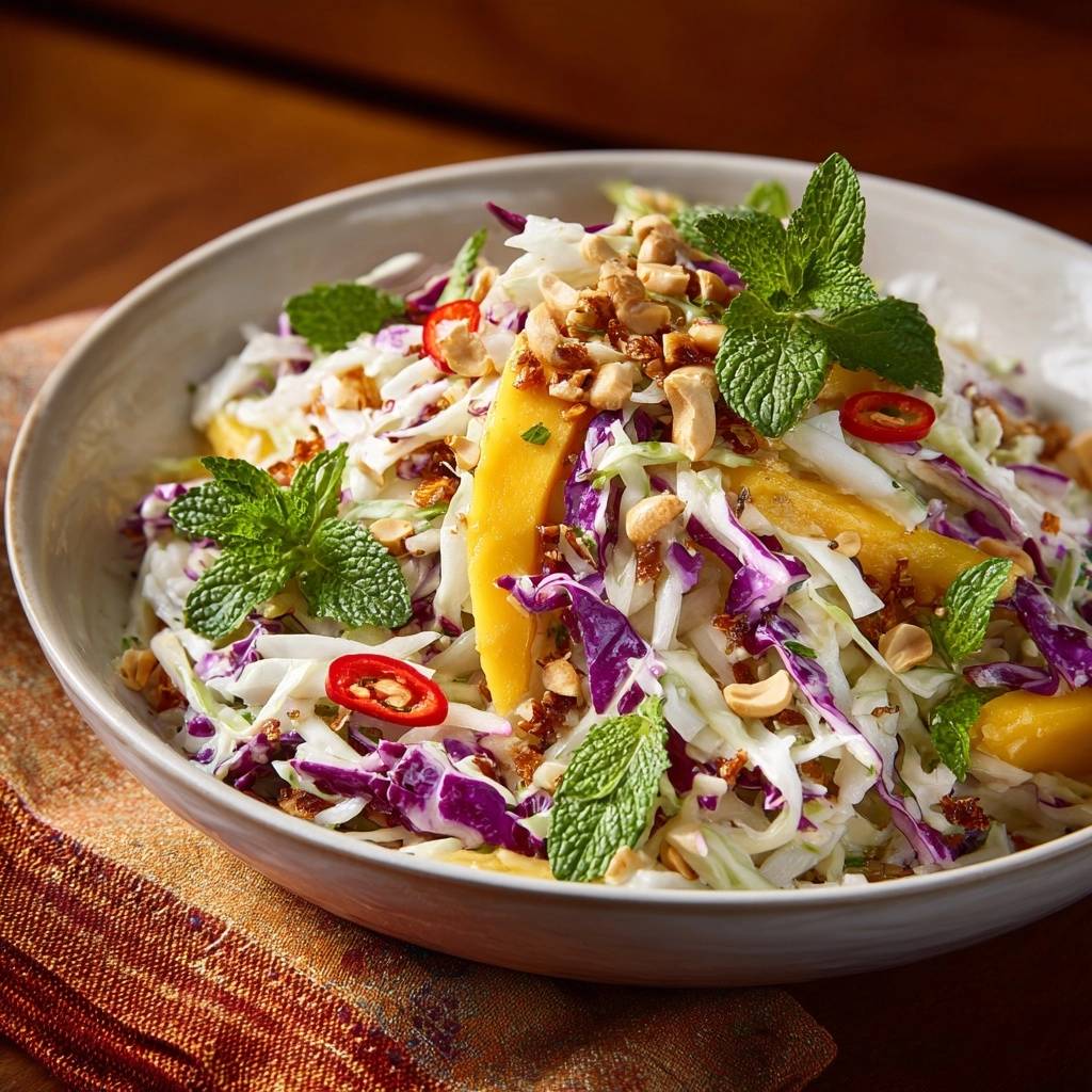 Knackiger Mango Krautsalat Serviert 1 Knackiger Mango-Krautsalat in einer Schüssel serviert, garniert mit frischer Minze, Cashewnüssen und Chili-Ringen.