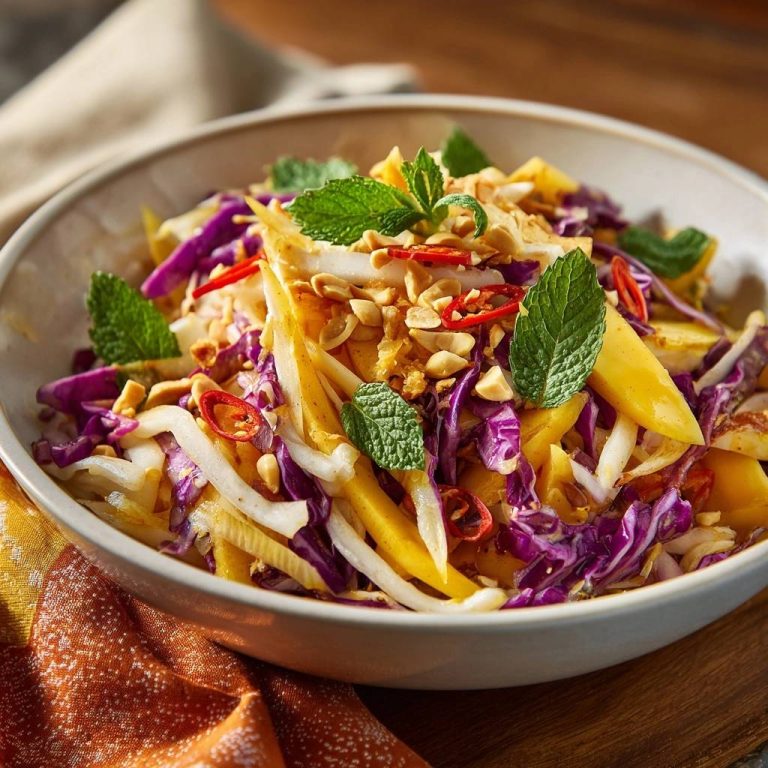Knackiger Mango-Krautsalat serviert in einer Schüssel mit frischer Minze, Erdnüssen und Chili, angerichtet für einen köstlichen Genuss.