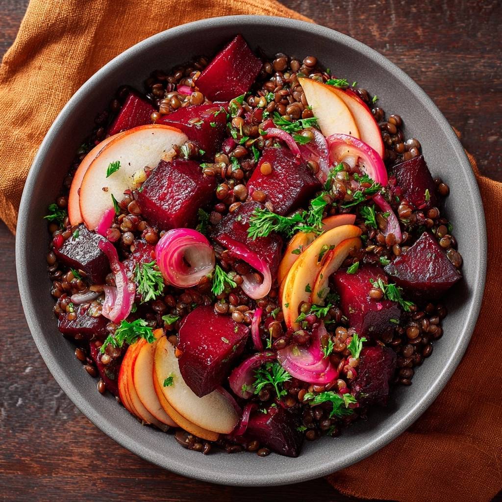 Knackiger Rote Bete Linsen Salat Mit Apfel Draufsicht 1 Knackiger Rote-Bete-Linsen-Salat mit Apfel, serviert in einer grauen Schüssel, mit roten Zwiebeln, Apfelscheiben und frischer Petersilie garniert.