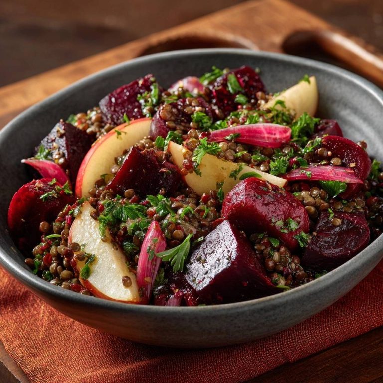 Knackiger Rote-Bete-Linsen-Salat mit Apfel in einer Nahaufnahme, die die frischen Zutaten und die Textur des Gerichts zeigt.