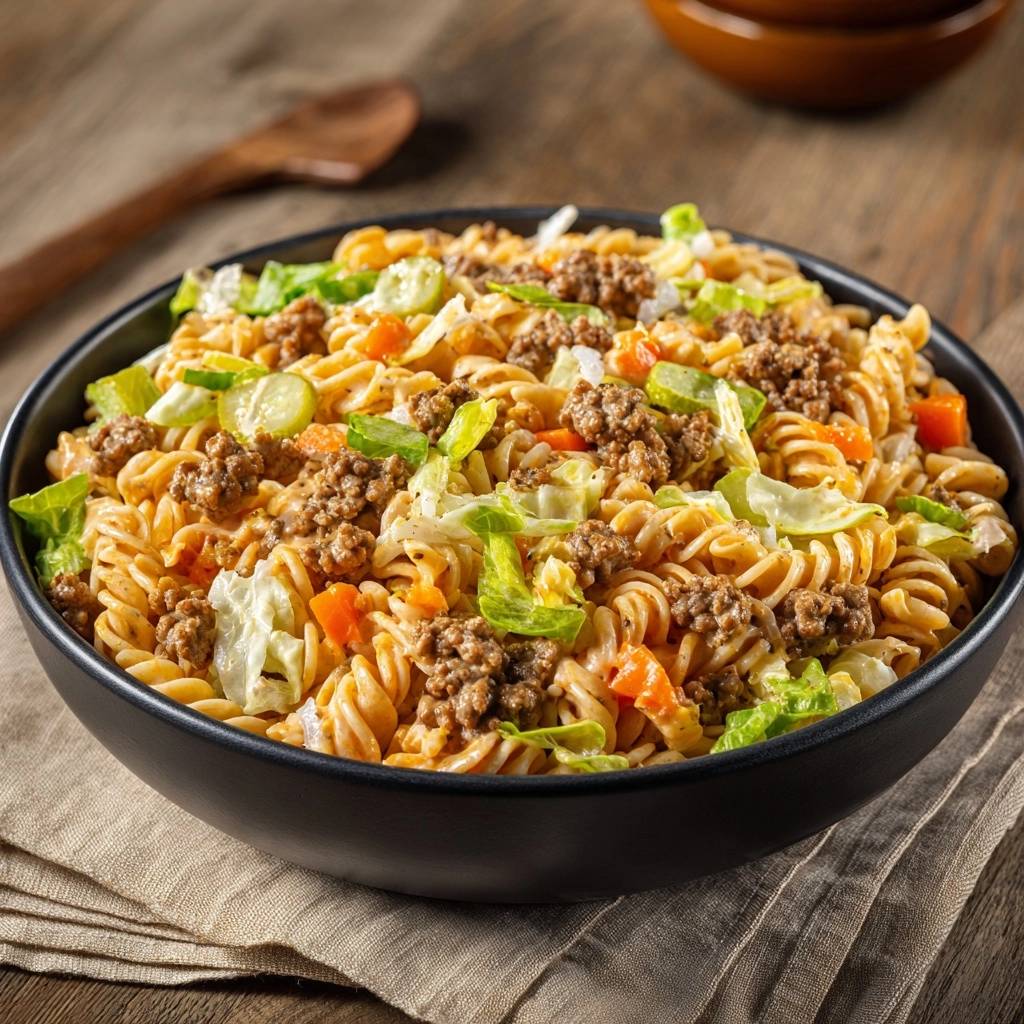 Knackiger Taco Nudelsalat Draufsicht 1 Knackiger Taco-Nudelsalat in einer schwarzen Schüssel von oben gesehen, mit frischem Salat und Hackfleisch garniert.