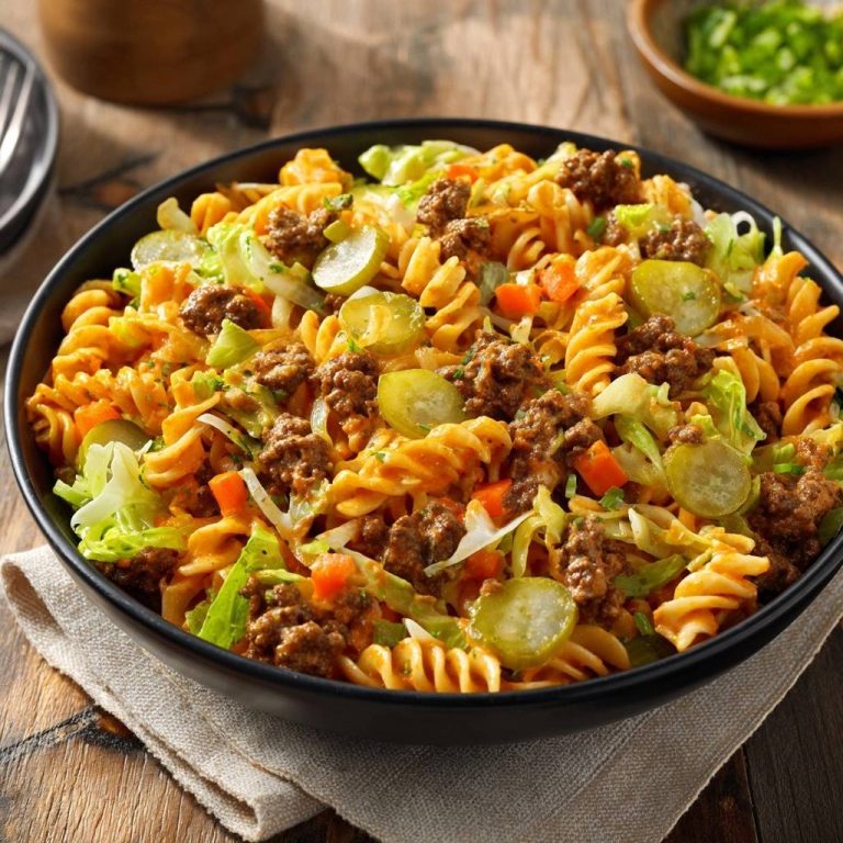 Knackiger Taco-Nudelsalat in einer schwarzen Schüssel von oben gesehen, mit frischen Zutaten wie Gurken und Hackfleisch.