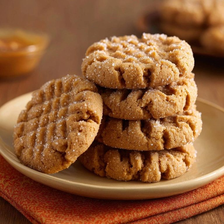 Knusprig-chewy Erdnussbutter Cookies, gestapelt auf einem Teller, zeigen ihre geriffelte Oberfläche und Zuckerbeschichtung. Ein köstlicher Stapel selbstgebackener Erdnussbutter-Kekse.