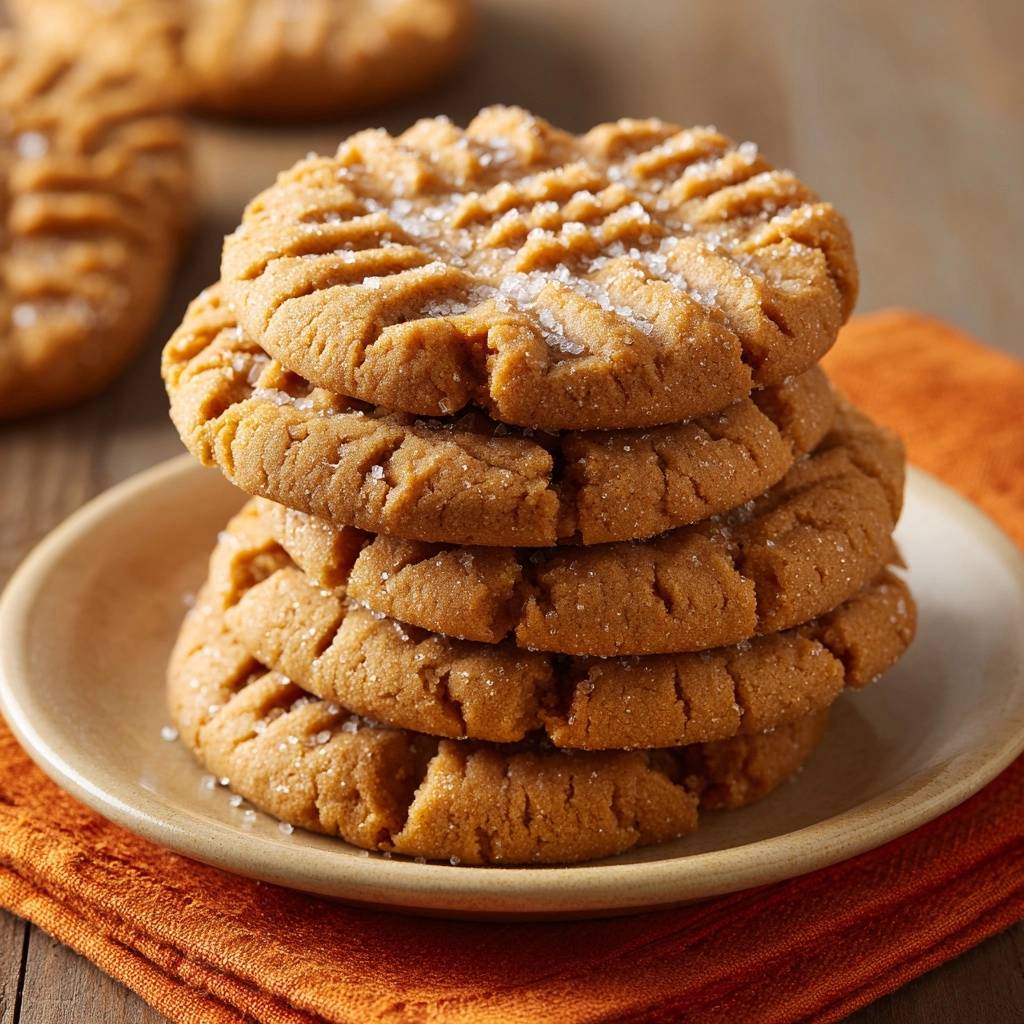 Knusprig Chewy Erdnussbutter Cookies Gestapelt Close Up 1 Knusprig-chewy Erdnussbutter Cookies sind hier in einem gestapelten Nahaufnahme-Shot zu sehen, der die geriffelten Oberflächen der frisch gebackenen Kekse zeigt.