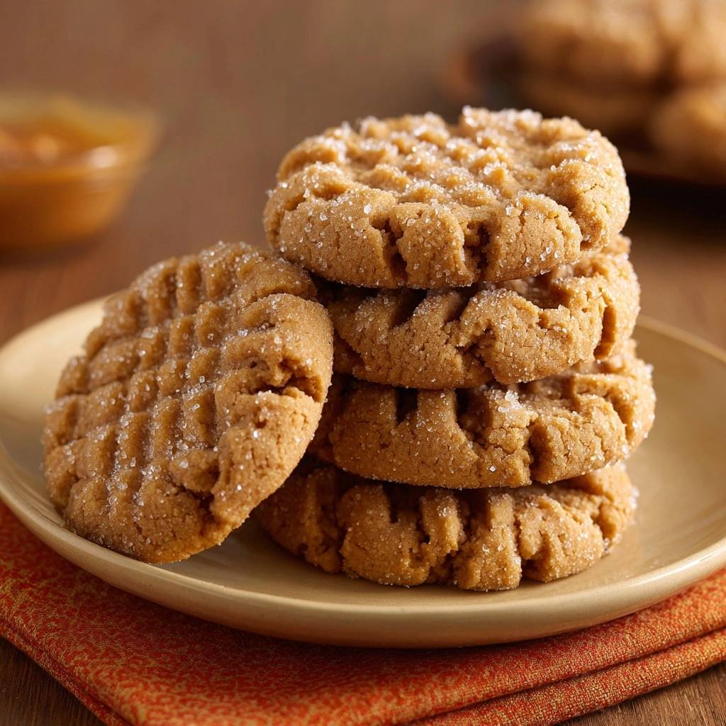 Knusprig-chewy Erdnussbutter Cookies, gestapelt auf einem Teller, zeigen ihre geriffelte Oberfläche und Zuckerbeschichtung. Ein köstlicher Stapel selbstgebackener Erdnussbutter-Kekse.