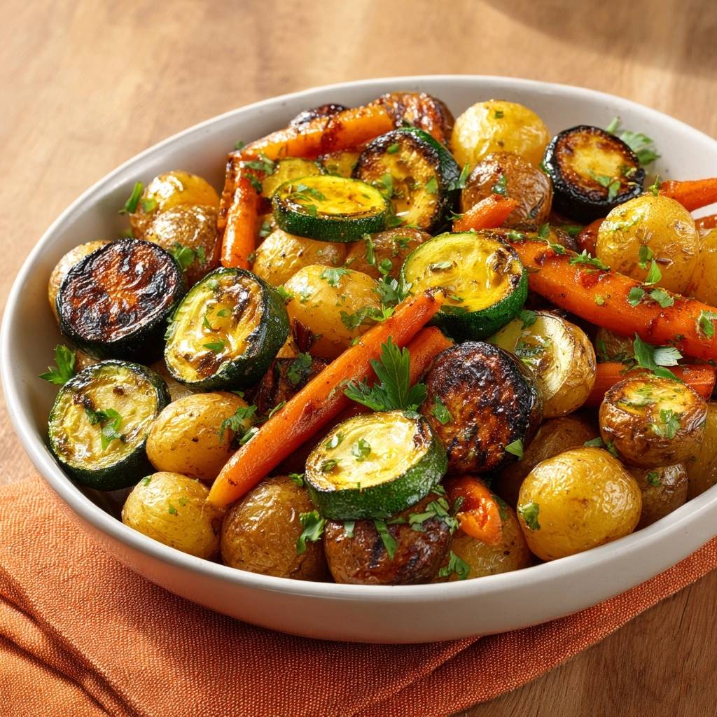 Knusprige Babykartoffeln Karotten Zucchini Draufsicht 1 Knusprige Babykartoffeln mit Karotten & Zucchini, serviert in einer weißen Schüssel, aus der Vogelperspektive fotografiert und appetitlich angerichtet.