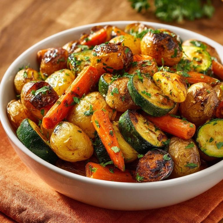 Knusprige Babykartoffeln mit Karotten & Zucchini in einer weißen Schüssel, garniert mit frischer Petersilie und von oben betrachtet.