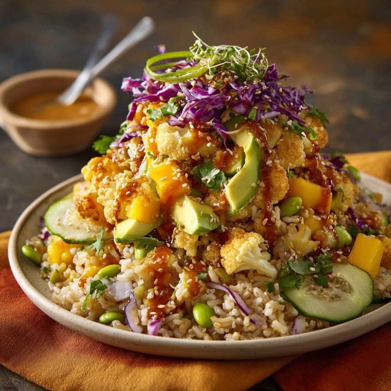 Knusprige Blumenkohl-Teriyaki-Bowl, serviert auf einem Teller, mit Avocado, Mango, Edamame und knusprigem Blumenkohl.