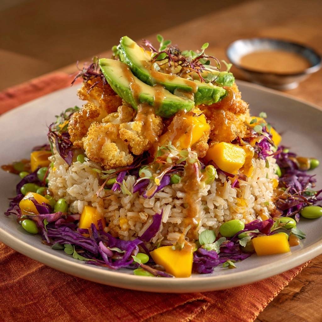 Knusprige Blumenkohl Teriyaki Bowl Serviert 1 Knusprige Blumenkohl-Teriyaki-Bowl serviert auf einem Teller. Der knusprige Blumenkohl wird mit Mango, Avocado und einer leckeren Sauce garniert.