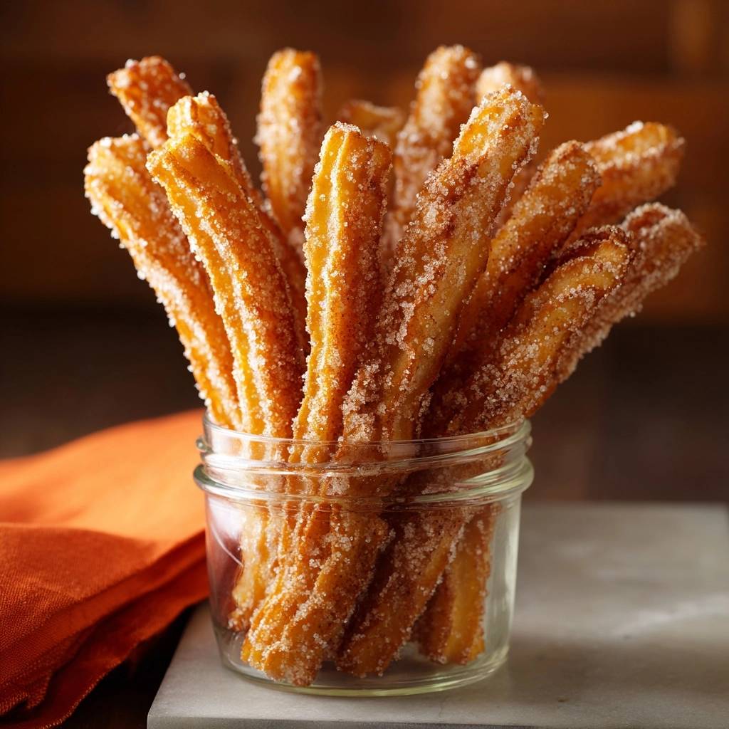 Knusprige Churros Im Glas 1 Knusprige Churros in einem Glas serviert, mit Zucker und Zimt bestreut, stehen bereit zum Genuss auf einer Marmorplatte.