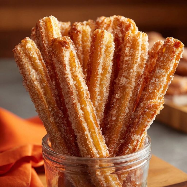 Knusprige Churros in einem Glas, nah aufgenommen, mit reichlich Zucker bestreut und goldbraun frittiert.