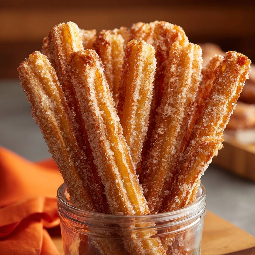 Knusprige Churros in einem Glas, nah aufgenommen, mit reichlich Zucker bestreut und goldbraun frittiert.