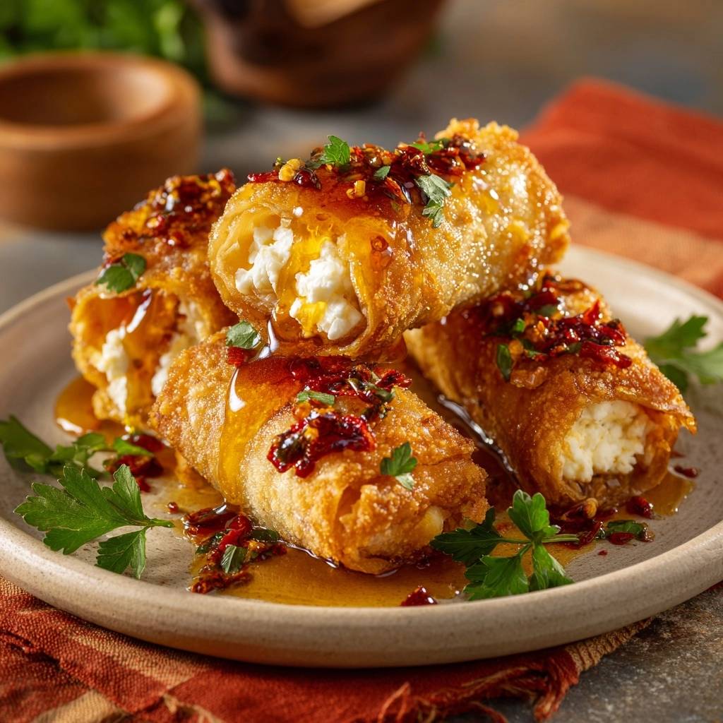 Knusprige Feta Honig Roellchen Querschnitt 1 Knusprige Feta-Honig-Röllchen im Querschnitt, serviert mit Chili-Honig-Glasur und frischer Petersilie auf einem Teller.