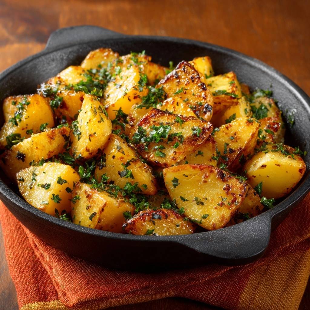 Knusprige Gewuerz Bratkartoffeln Serviert 1 Knusprige Gewürz-Bratkartoffeln, serviert in einer rustikalen Pfanne, garniert mit frischer Petersilie und perfekt gebräunt. Ein köstliches Gericht zum Genießen.