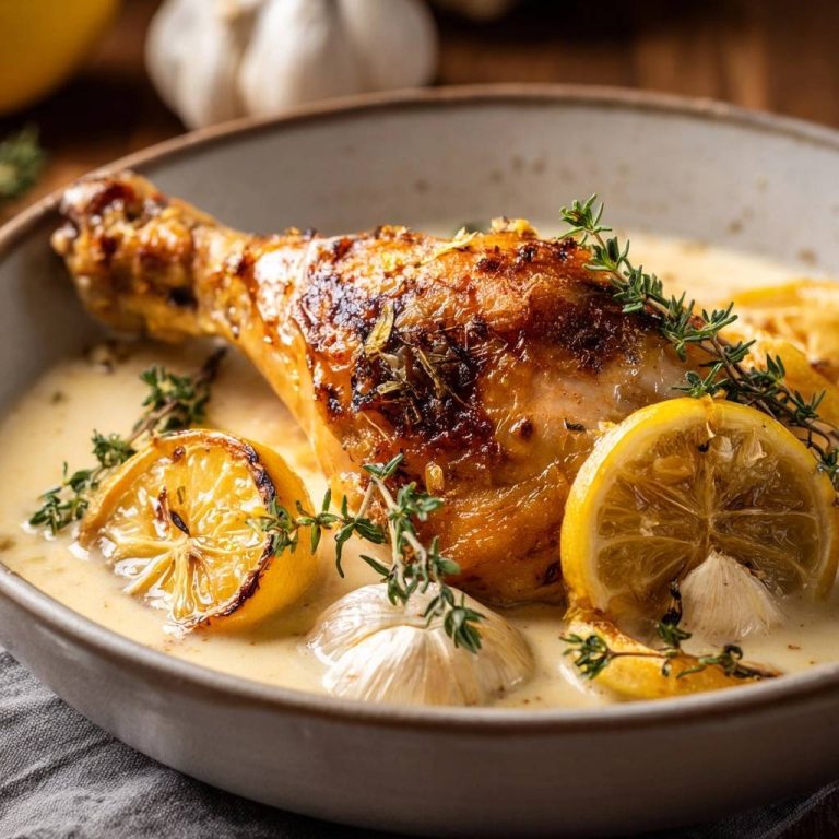 Knusprige Hähnchenkeulen in Zitronen-Knoblauch-Sahnesoße: Nahaufnahme der goldbraunen Hähnchenkeule, serviert mit Zitrone, Knoblauch und frischem Thymian.