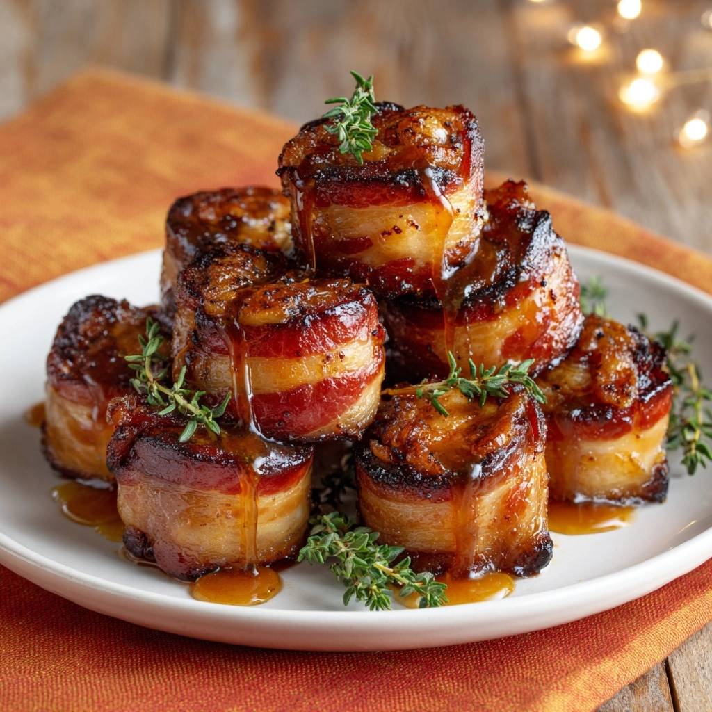 Knusprige Honig Thymian Bacon Bites Serviert 1 Knusprige Honig-Thymian-Bacon-Bites serviert auf einem weißen Teller, garniert mit frischem Thymian und einer Honigglasur.