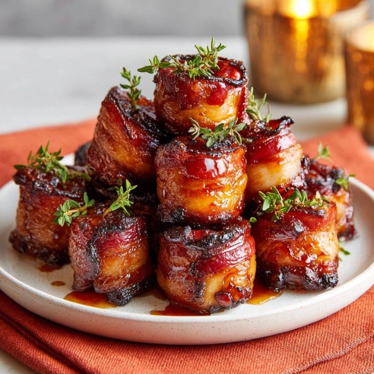 Knusprige Honig-Thymian-Bacon-Bites, serviert auf einem weißen Teller, sind mit frischem Thymian garniert und glänzen verführerisch.