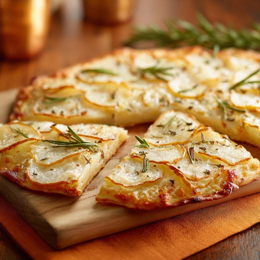 Knusprige Kartoffel Rosmarin Pizza Angeschnitten 1 Knusprige Kartoffel-Rosmarin-Pizza, die auf einem Holzbrett serviert wird, zeigt einen köstlichen Anschnitt mit knusprigem Teig und Kartoffelscheiben.